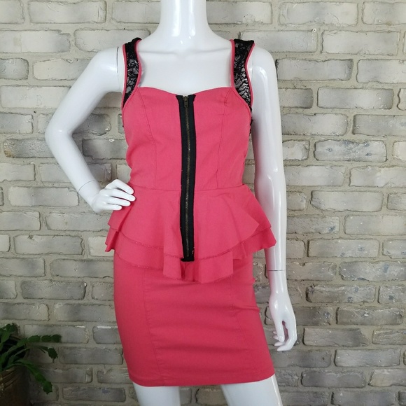 Peplum Dress Size M Black Lace Coral Peach - Picture 2 of 8